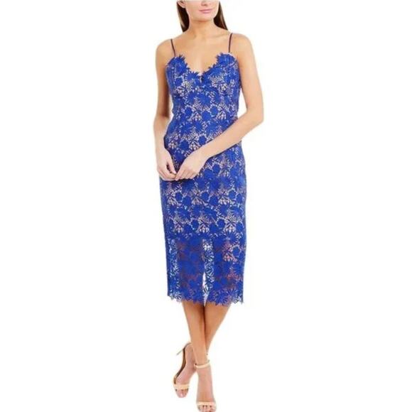 NWT Bardot‎ Blue Lace Spaghetti Strap Sweetheart Neckline Cocktail Dress Size 4 - Picture 1 of 9